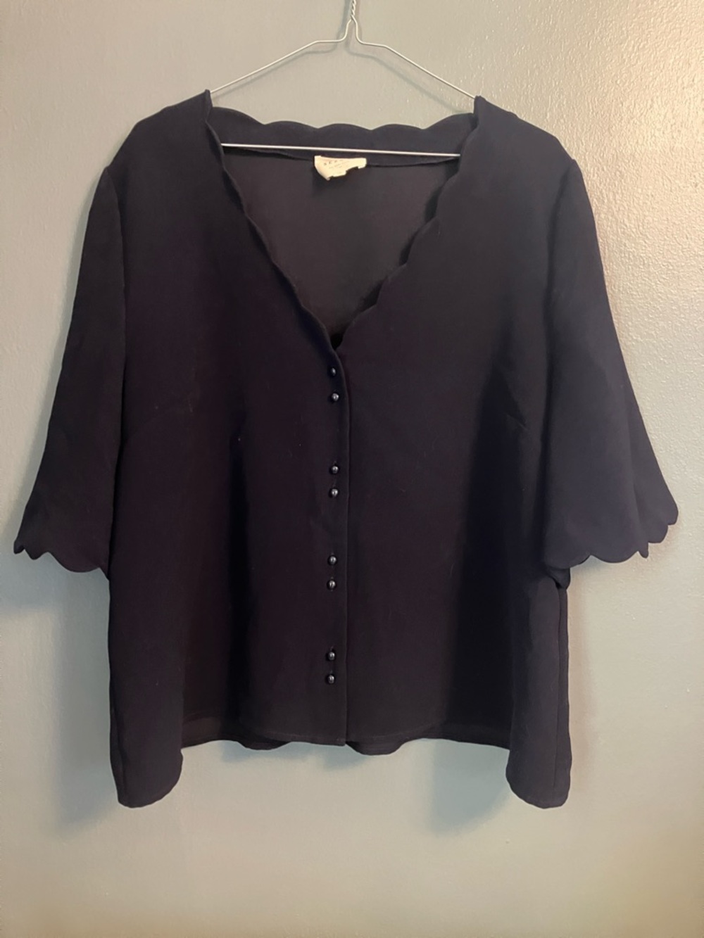 Sezane Navy Scallop-Trim Button Front Blouse